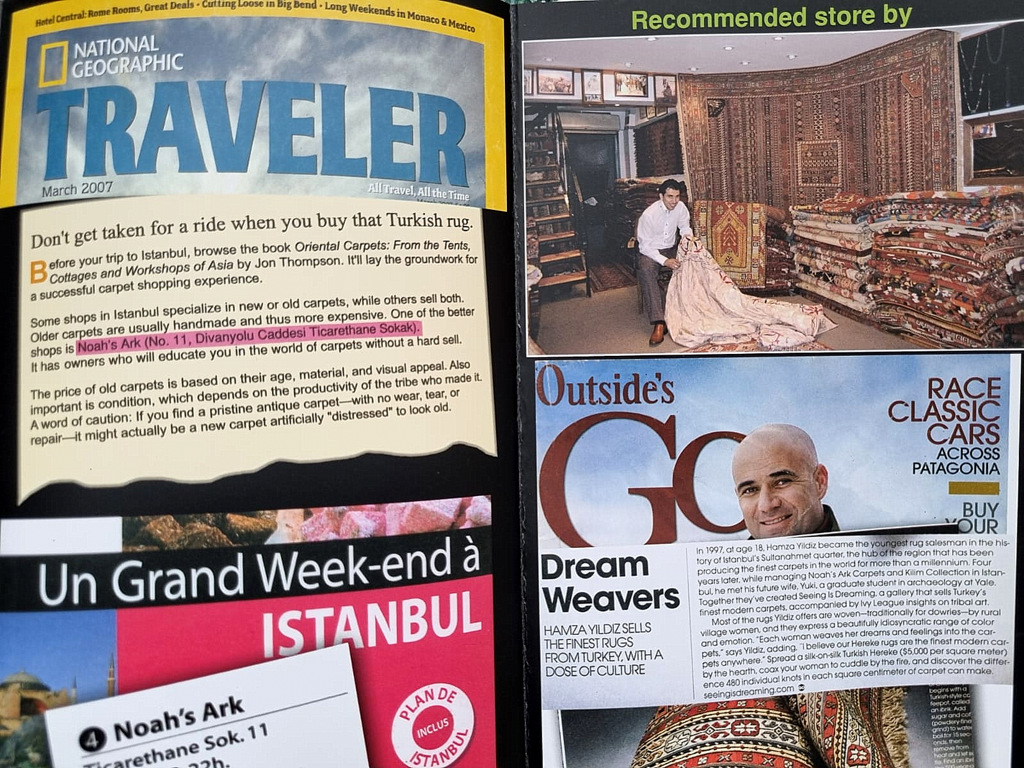 Noah’s Ark Carpets brochure featuring media coverage in international outlets like National Geographic.