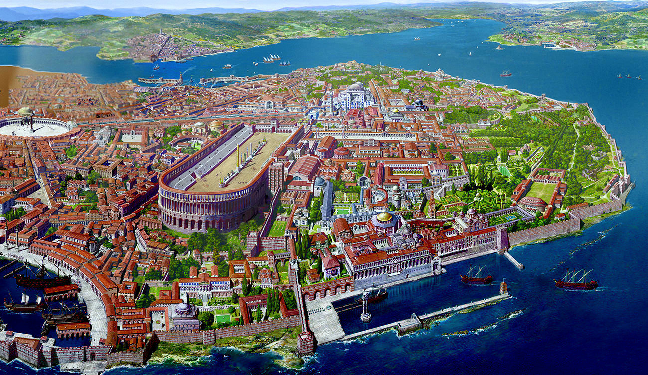 Illustration of Constantinople as the eastern capital of the Roman Empire, featuring monumental Byzantine architecture and imperial landmarks. Artwork by French artist Antoine Helbert.