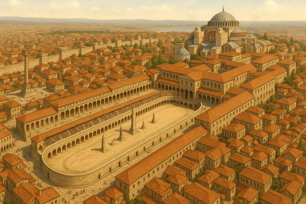 Illustration of Constantinople as the Eastern capital of the Roman Empire, adorned with magnificent architecture