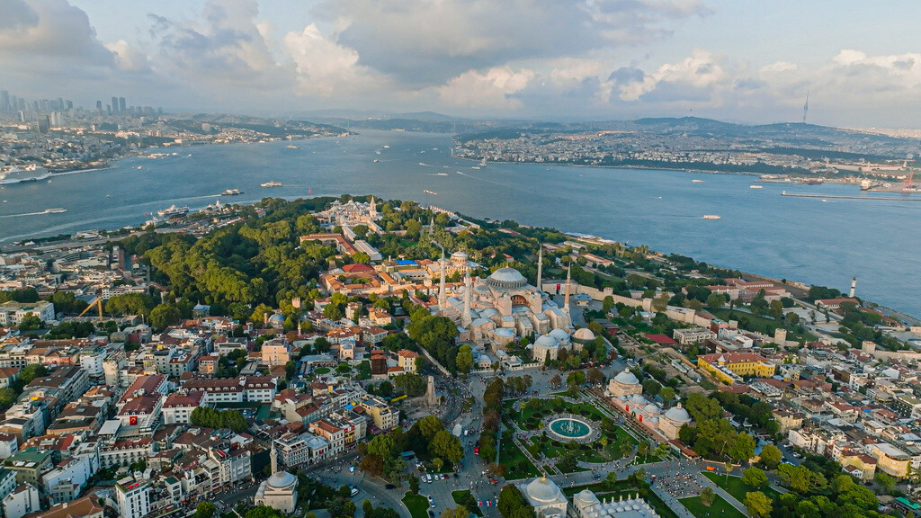 Aerial view of Hagia Sophia and Sultanahmet Park, with the nearby Yerebatan Sarayi hidden underground