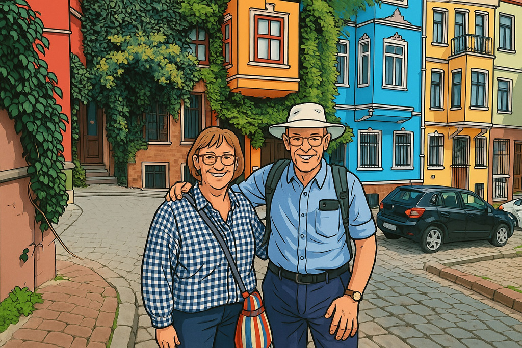 Serhat Engul, author of Istanbul Travel Blog and licensed tour guide, accompanies a British couple on a walking tour through Fener and Balat – their joyful moment thoughtfully illustrated with ChatGPT assistance.