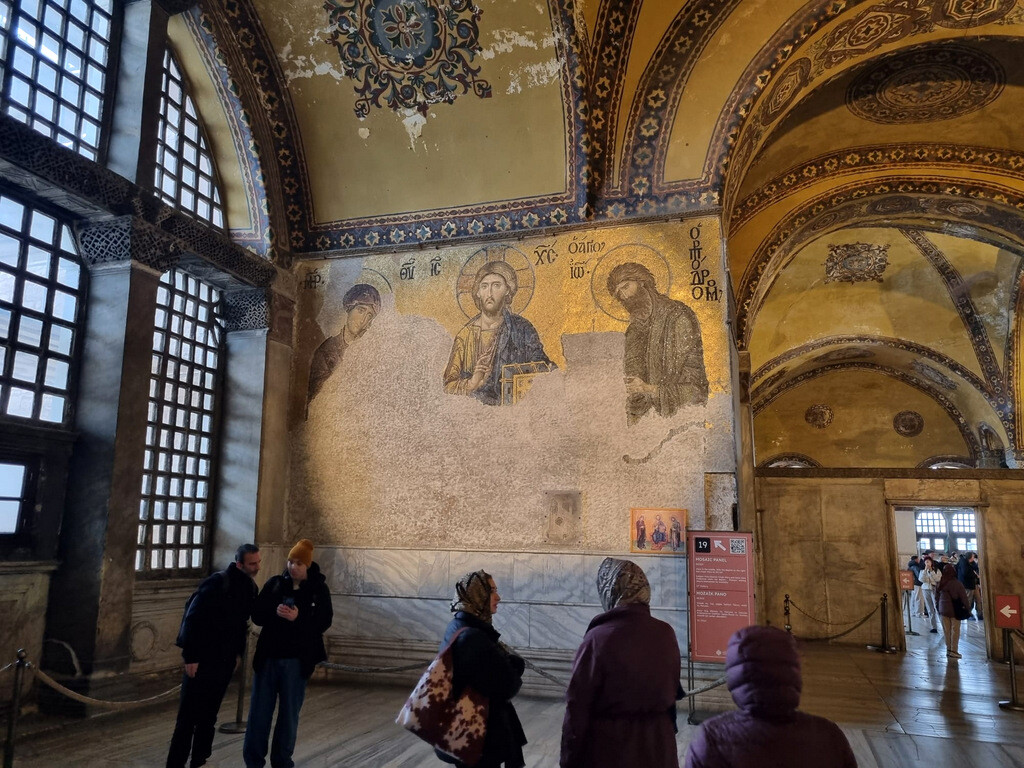 Deesis Mosaic in the upper gallery, featuring Jesus Christ, Virgin Mary, and John the Baptist. photo by Serhat Engul